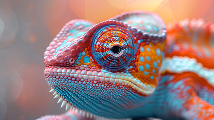 Close-up portrait of turquoise orange chameleon with colorful scales and detailed eye on a log. Reptile, wildlife concept.
