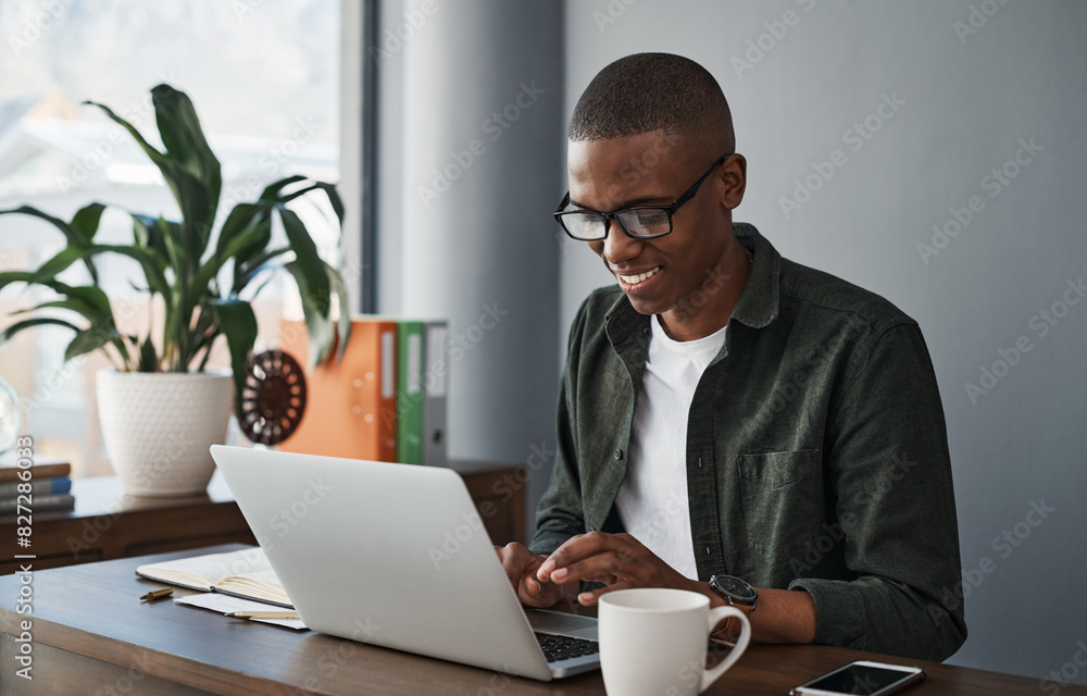 Poster business, laptop and happy black man typing in office for software, research or check information in