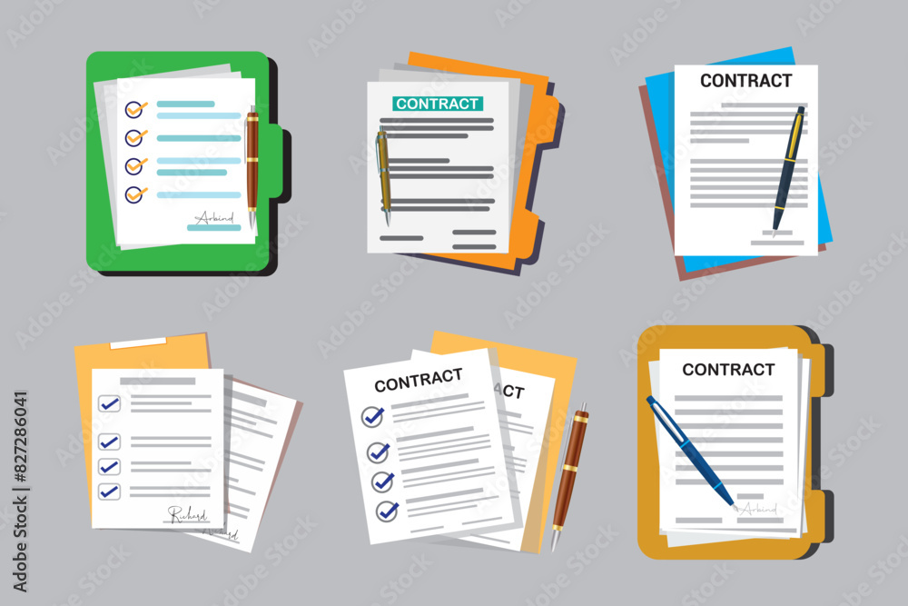 Poster open file folder with white leaf and sticky notes. contract or document with text icon. contract pap