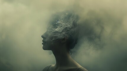 woman face portrait with cloud surround her face drifting behind, consciousness, mind, spiritual and psychology concept 