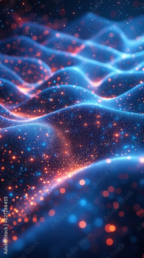 Poster a blue and orange background with a lot of dots. the dots are scattered all over the background and 