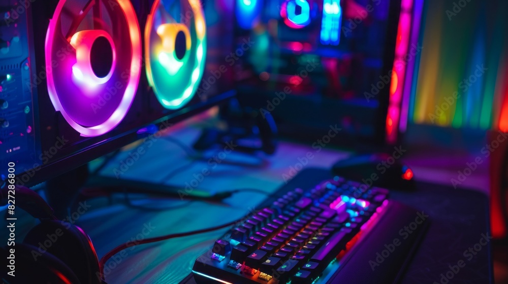 Poster A computer desk with a keyboard and a monitor
