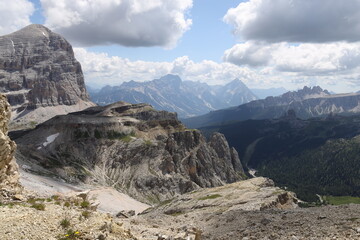 Beautiful view of majestic mountains against the backdrop of a blue sky. Dolomites, Italy