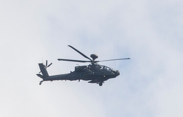 Close up view to the US-made military helicopter Black Hawk in the air