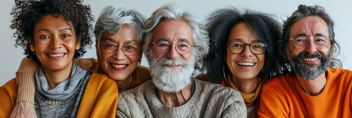 A group of diverse senior friends laughing and smiling, enjoying a cheerful autumn day together in the park.