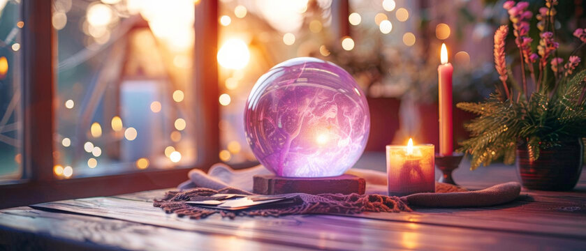 Psychic reading room with glowing crystal ball, tarot cards, and candles, mystical aura, PsychicWaves Themed, - Powered by Adobe