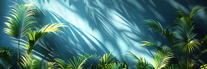 Sunlight filters through lush palm foliage, creating cozy interior botanical silhouettes against a blue sky.