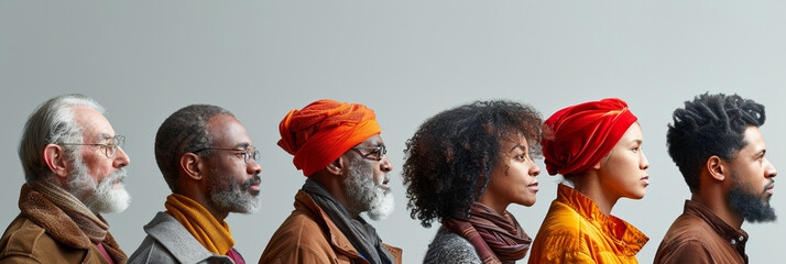 A profile portrait of a diverse group of mature people, standing in a row.