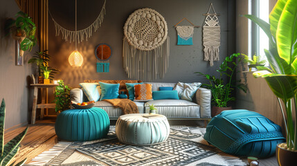 a bohemian-inspired Scandinavian living room with taupe walls and teal accent furniture