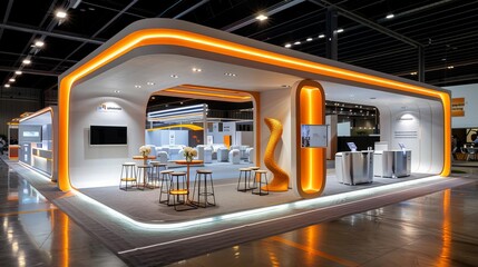 a 15 metre wide by 15 metre long space at a business convention The space contains four small kiosk stands with a counter and monitor on the wall On one end there is a longer wall