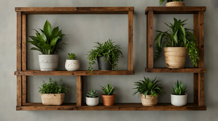 wooden shelves adorned with plants and natural decor, blending indoor greenery with rustic charm