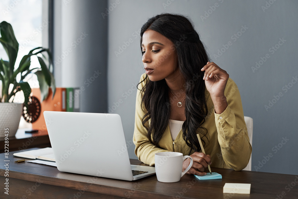 Canvas Prints Video call, laptop and businesswoman for online meeting, webinar and internet for networking and communication. Technology, virtual consultant and notes for conversation with female person at desk