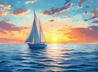Solitude at Sunset: Sailboat on a Rough Sea