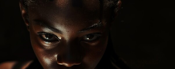 Close-up portrait of a young woman with intense lighting, highlighting facial features and texture.
Black people portrait. 