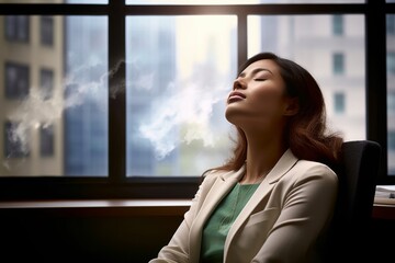 businesswoman sitting in workstation eyes closed