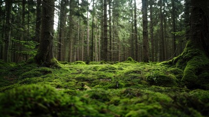 Obraz premium European forest displaying moss covered ground and branches