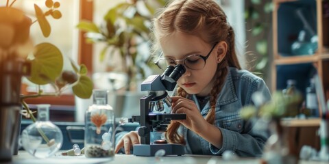 A young girl in glasses using a microscope in a brightly lit room - Powered by Adobe