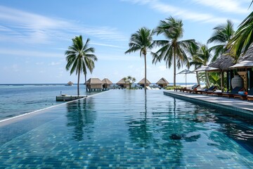 Luxury beach resort with overwater bungalows, infinity pool overlooking the ocean, palm trees, and pristine sandy beach, ideal for a dream vacation
