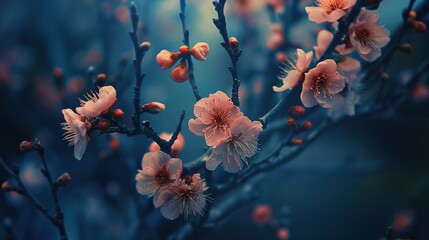 Peach tree blossoming dramatic mysterious light shade, flower shrub