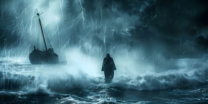 Miraculous event: Religious figure walks on water at night towards a boat in a storm. Concept Miracle, Religious Figure, Water, Night, Storm, Boat