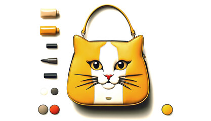 A charming yellow cat-themed bag paired with makeup essentials on a white background, showcasing a playful and stylish accessory setup for cat lovers and fashion enthusiasts. 