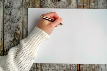 Female hand writing on a blank sheet. Top view. National Writing Day