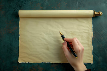 Female hand writing on a blank sheet. Top view. National Writing Day