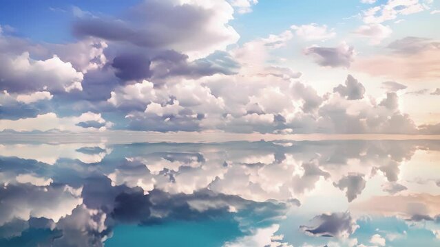 The vibrant pastel hues of nacreous clouds reflected in a calm glassy lake.