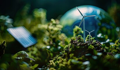 Naklejka premium Miniature models of earth and eco-friendly photography of a green scenery, energy, electricity, created with AI