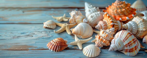 A collection of various seashells and starfish on a weathered wooden surface, capturing the essence of the beach and marine life.