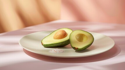 Two halves of a ripe avocado with the pit visible, accompanied by a pinch of sea salt on a plate against a pink backdrop