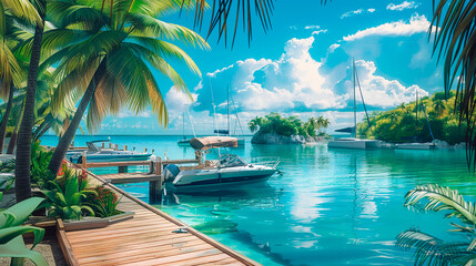 A beautiful blue ocean with a dock and a boat