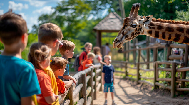 A group of children are watching a giraffe at a zoo