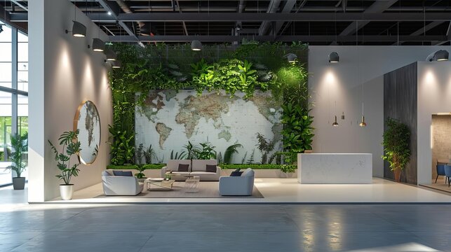 a modern open event stand with a big wall with a map