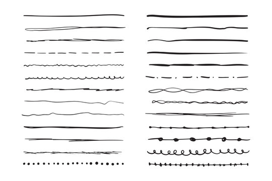 Marker hand drawn line border set and scribble design elements. Hand drawn grunge brush strokes. Set wavy horizontal lines. Set of art brushes for pen. 