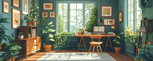 Design a flat style scene of a home office with plants and natural light