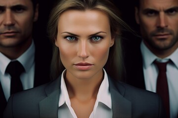 close up portrait of a serious businesswoman between two businessmen