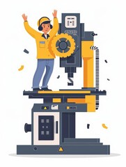 a photo of worker on cnc milling machine prodcung plates, one arm in the air the other on the plate Has a headset on