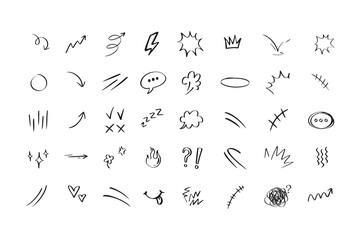 Doodle hand drawn cute cartoon expression sign. Line curve arrows, emoticon elements, symbols