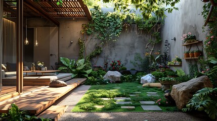 Home garden with a mix of materials like wood, metal, and stone, realistic interior design