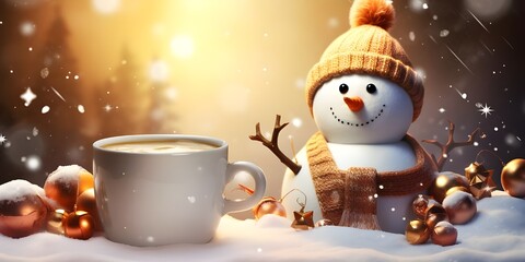 snowman with a cup of coffee, A snowman sitting next to a cup of coffee perfect for winter scenes or office settings, 