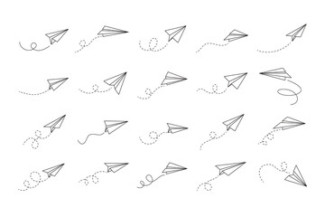 Hand drawn doodle paper plane set. isolated planes flight path. Line airplane icon travel, route. 