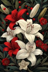 White and Red Flowers With Green Leaves Painting