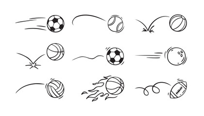  Doodle sport ball trajectory bounce collection. Line hand drawn balls set