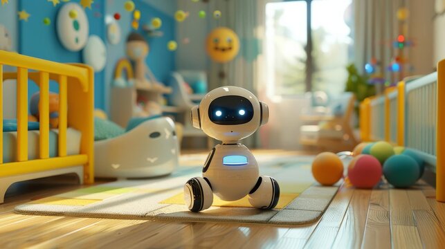 Baby care robot in a daycare setting, navigating smoothly between cribs and play areas to attend to each child s needs