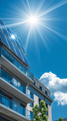 Obraz premium Solar Panels on Modern Building with Bright Sunlight, concept of Urban Renewable Energy Solutions