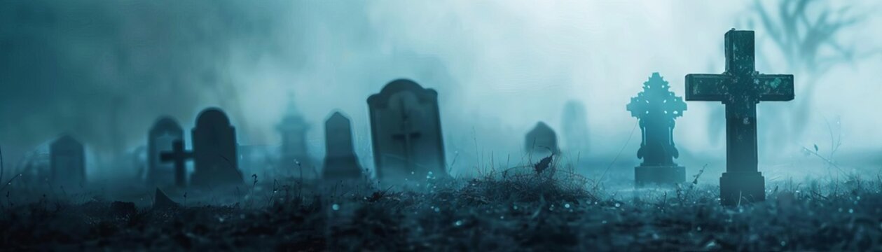 Cemetery Focus on old tombstones and shadowy figures with a spooky cemetery background, misty evening light, empty space right for text