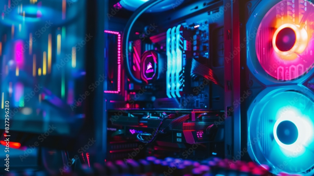 Poster a computer case with neon lights and a blue and red fan