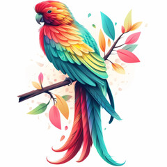 Obraz premium Stunning digital illustration of a parrot adorned with colorful feathers perched on a floral branch.