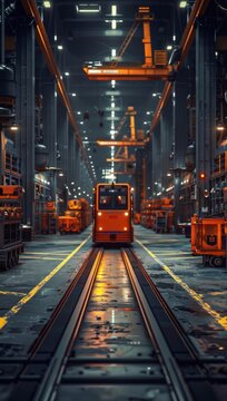 Electric tugger trains pulling multiple carts of parts through a heavy machinery manufacturing plant